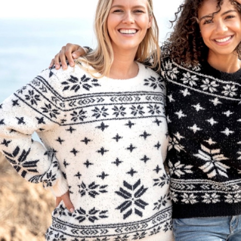 Barefoot Dreams CozyChic Seaside Crew Black & White Snowflake / FairIsle Sweater